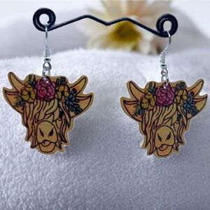 Boho Bovine Highland Cow Flower Crown Wooden Dangle Drop Jewelry Brown Rustic